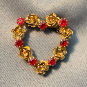 Heart Brooch Vintage Gold Tone Roses Red Rhinestone Floral 1.5”